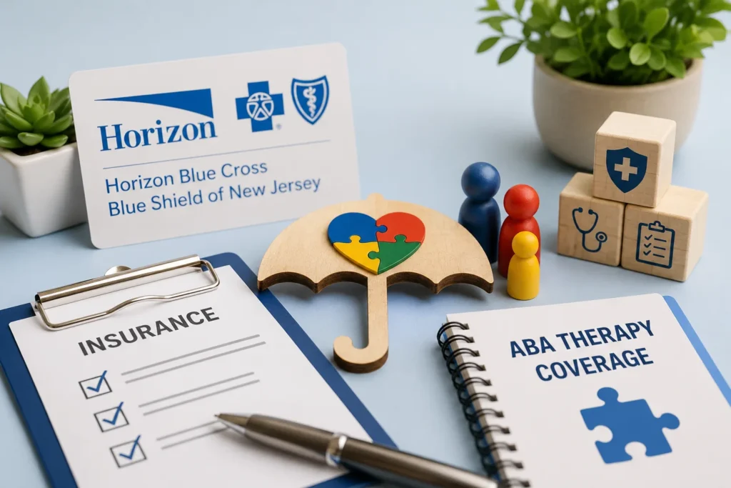 Insurance documents and family support symbols representing ABA therapy coverage in New Jersey