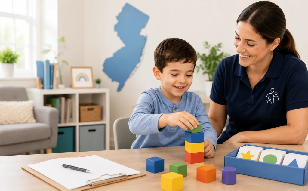 Child participating in ABA therapy session with a therapist in New Jersey